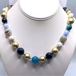 TALBOTS Turquoise Color Geo Rock Matte Gold Tone Marbled Beads Chain Necklace